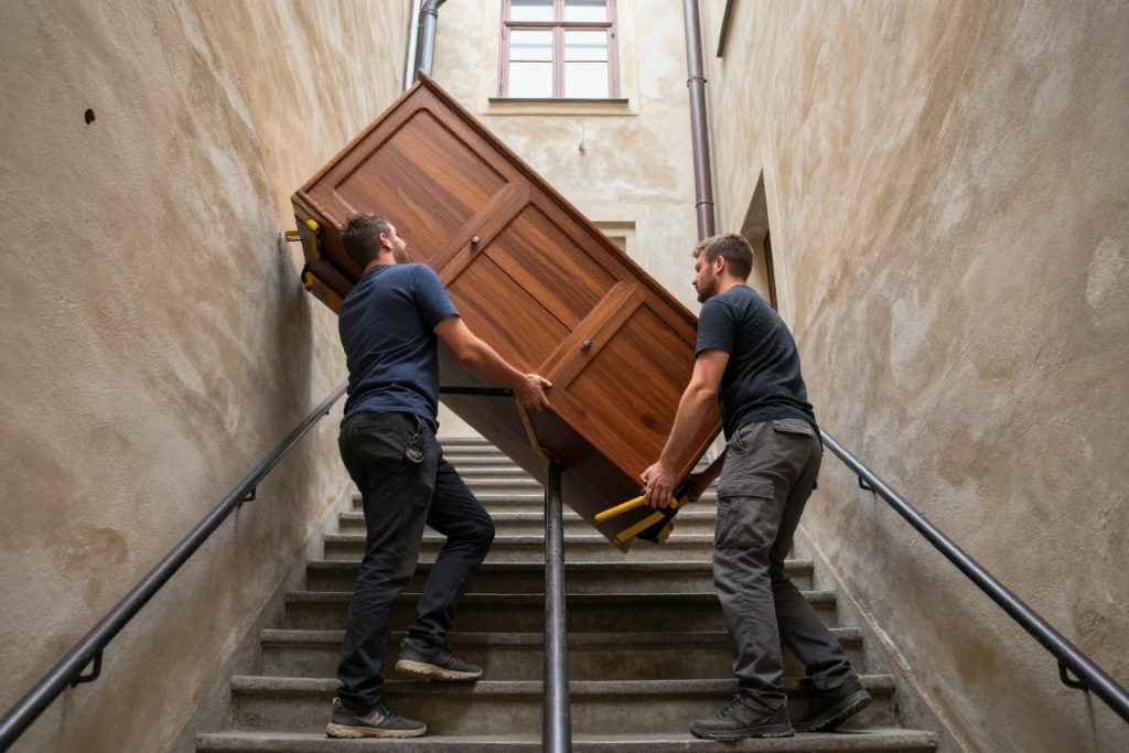 Wnoszenie mebli po wąskich schodach w krakowskiej kamienicy przez firmę Przeprowadzki od A do Z